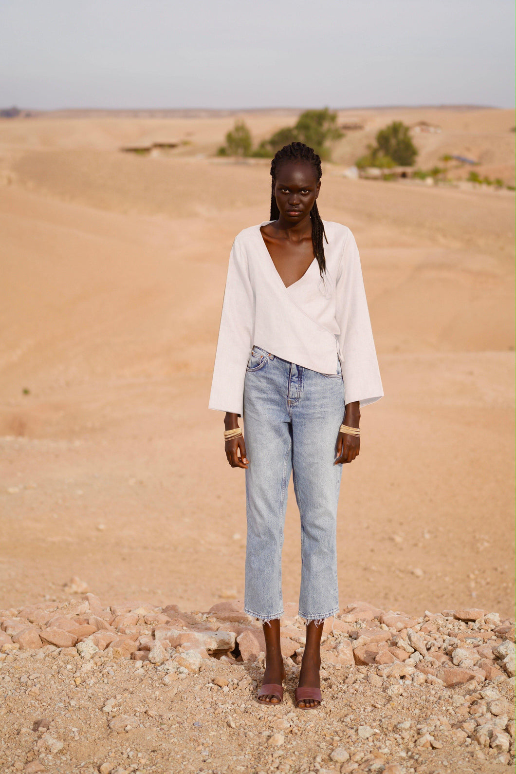 MAISON BEIGE ASYMMETRICAL LINEN TOP 